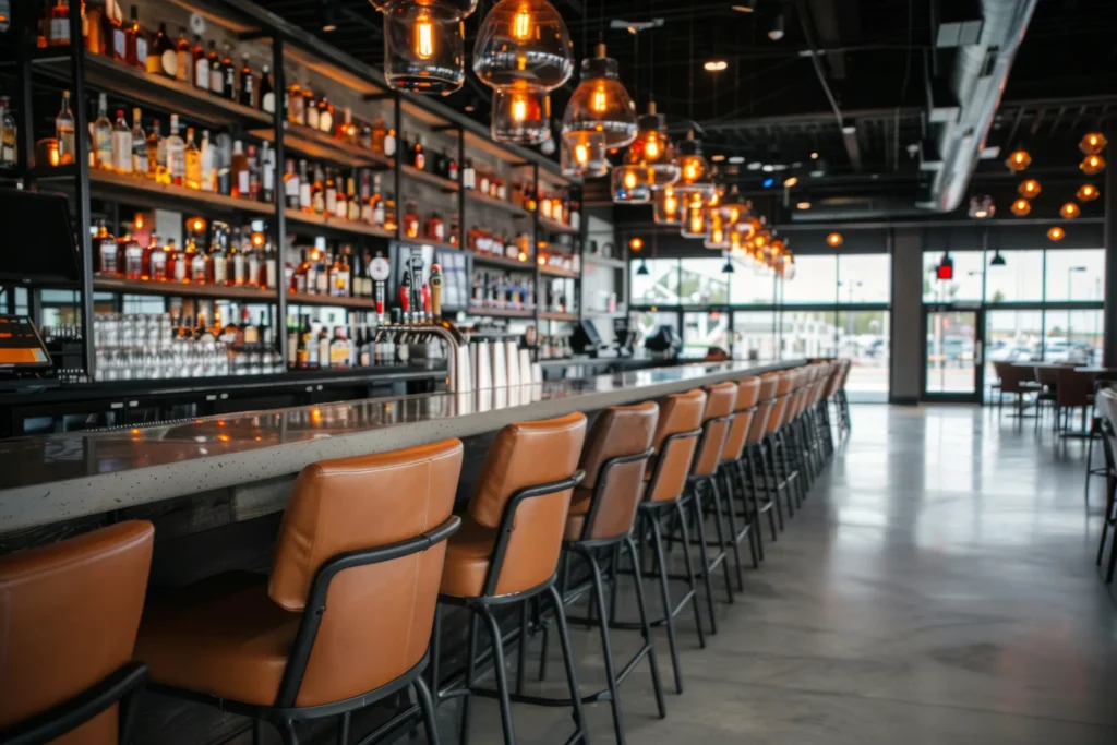 Image of a bar with chairs in front of and bottles of alcohol at the back of the bar.