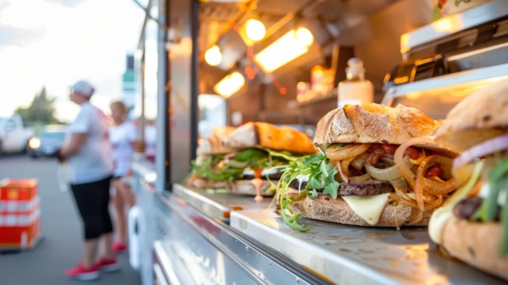 A close up view of a foos truck with burgers on the counter.