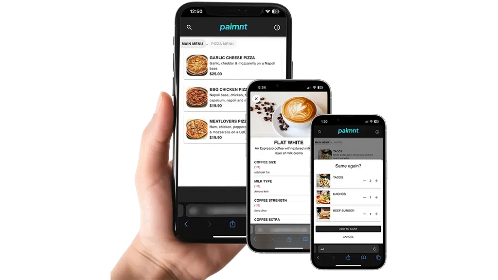 Mobile screens show Paimnt's QR ordering features like pizza menu, coffee customisation, and fast reorder.