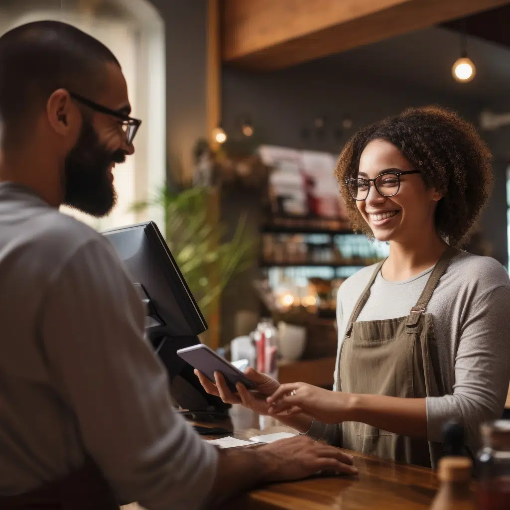 A customer being served by a smiling sales person.