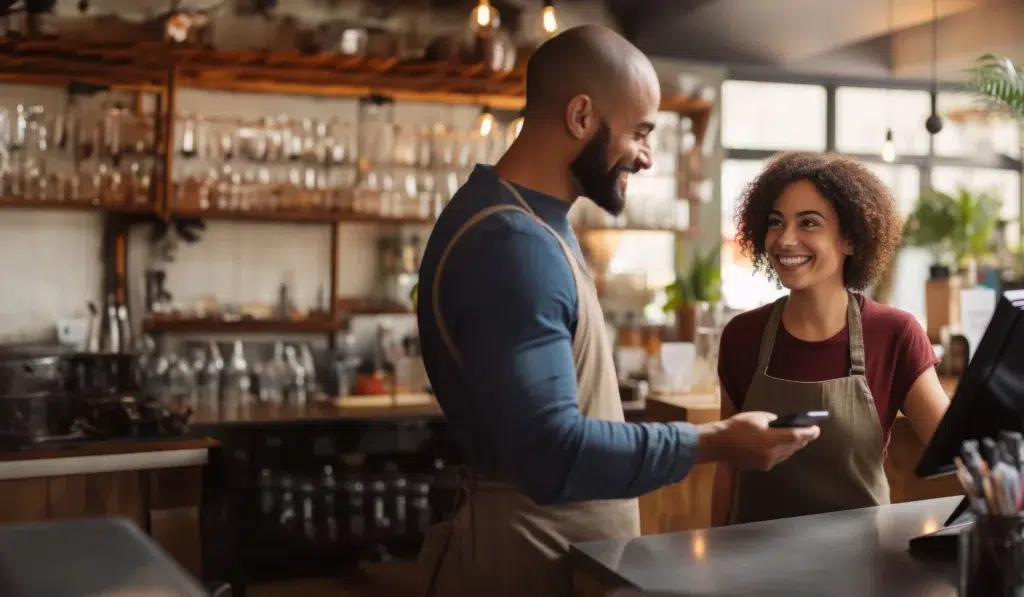 Customer making a transaction with a smiling salesperson.